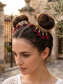1pc Bohemian Geometric Hollow Out Tassel Hair Pin, Vintage Metal Hair Stick For Women Vacation Beach Hair Styling,Hair Accessories, Head Accessories - Multicolor - View 3