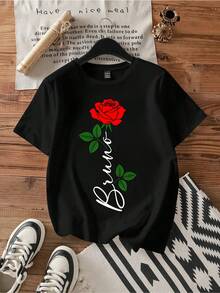 Maglietta minimalista con scritta "Red Rose" e musica. T-shirt casual a maniche corte in cotone con stampa grafica vintage. - nero - Visualizzare 1