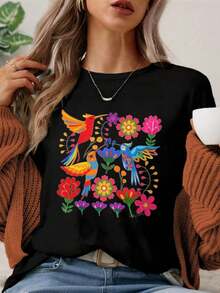 New Women's Summer Casual T-Shirt With Retro Floral Print From Mexico - Comfortable And Slightly Stretchy, Perfect For Outdoor Activities In Summer. | Casual Streetwear | - 2 - 查看 1