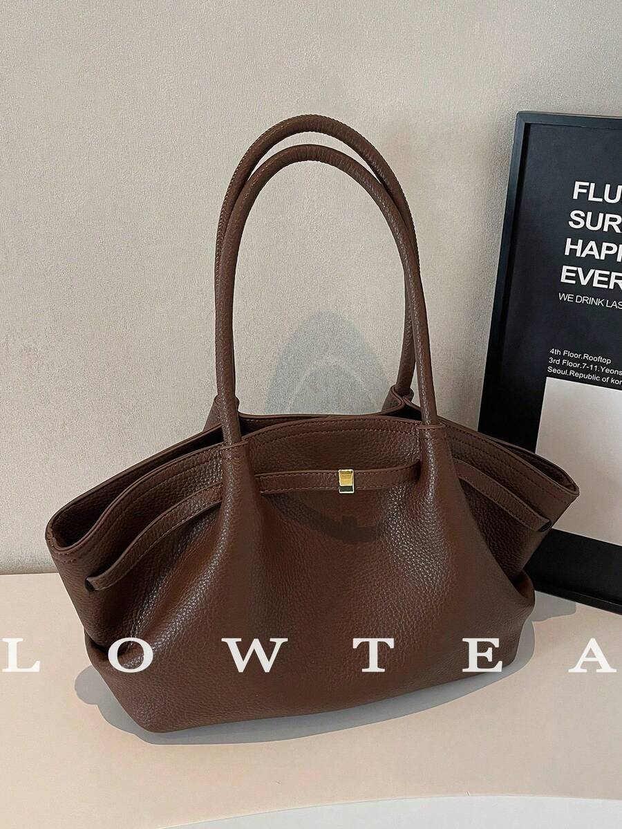 1 pieza Bolso de hombro de mujer de moda vintage de unicolor de piel de PU, con gran capacidad, con doble asa y cierre a presión, adecuado para viajes, compras, citas, regalo de mujer, aprop - Negro 2 - Ver 1