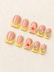 10pcs Handmade Wearable Nails Summer Y2K Manicure Set, Short Square Acrylic False Nails, Yellow French Tip 3D Hibiscus Flower Gold Butterfly Nail Art, Glossy Tropical Style Wearable Nails, Suitable For Beach Vacation Party Handmade Press On Nails - Multicolor - View 5