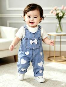 女嬰 6M-3T 寬鬆直筒牛仔吊帶褲，白色愛心印花前領結捲褲腳牛仔背帶褲，春秋日常穿搭 - 藍色 - 查看 3