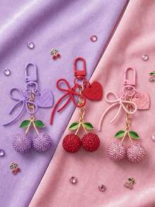 Vintage Red Rhinestone Cherry Key Chain, Bow & Heart Dual Pendant, Sweet Girl Style Bag Charm, Car Key Chain, Unique Delicate Gift For Best Friend Gifts For Mother, Father, Graduation, And Teacher - Multicolor - View 2