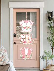 1 Set Pink Baby Shower Paper Door Hanging Decoration, Cute Pink Footprint And Floral Print Hanging Banner, Gender Reveal, Baby Shower, 1st Birthday Door Background Decoration, Creative Party Gift, Baby Girl Reveal And Birthday Wall Door Hanging Decoration - Multicolor - View 1