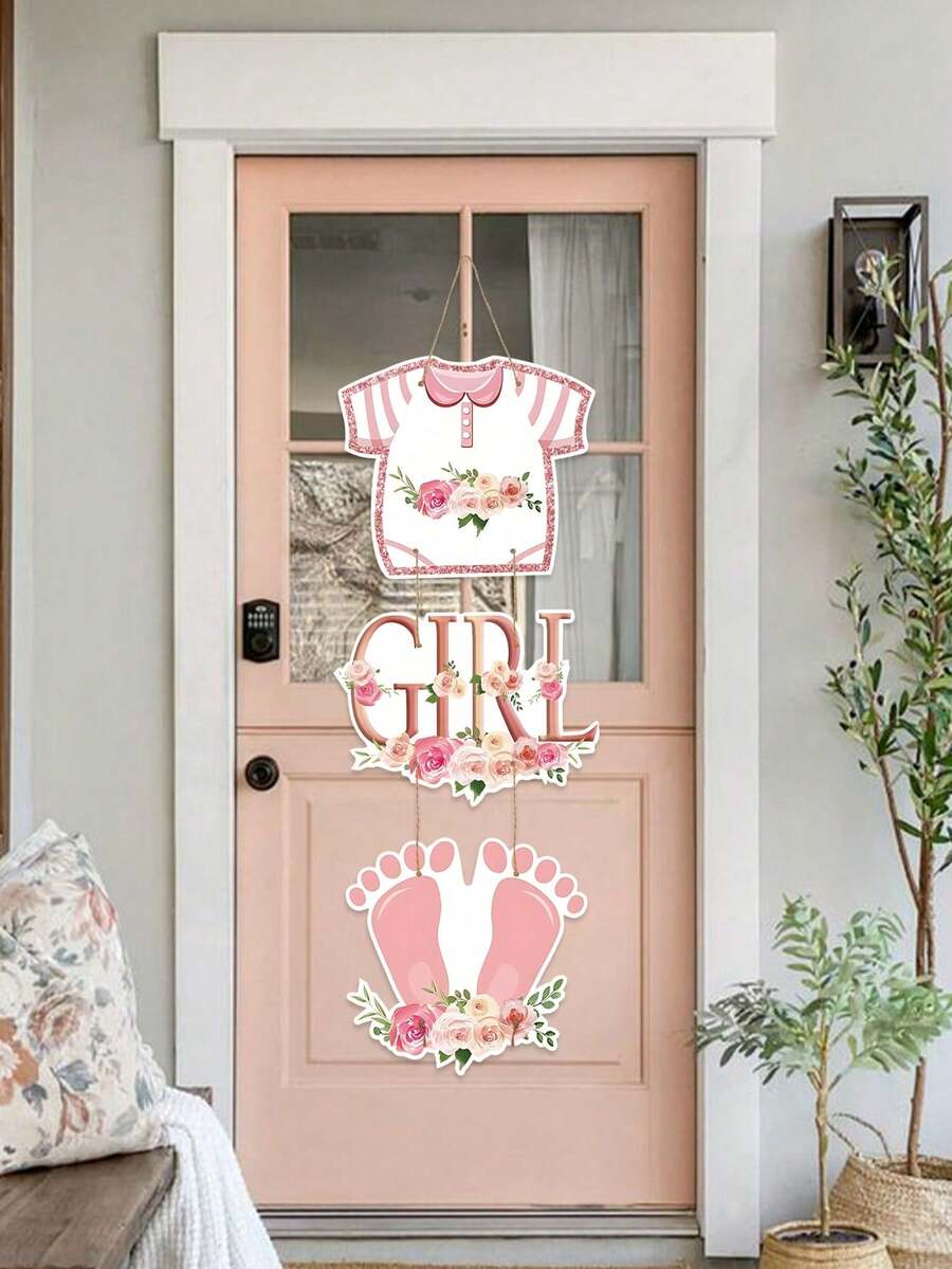 1 Set Pink Baby Shower Paper Door Hanging Decoration, Cute Pink Footprint And Floral Print Hanging Banner, Gender Reveal, Baby Shower, 1st Birthday Door Background Decoration, Creative Party Gift, Baby Girl Reveal And Birthday Wall Door Hanging Decoration - Multicolor - View 1