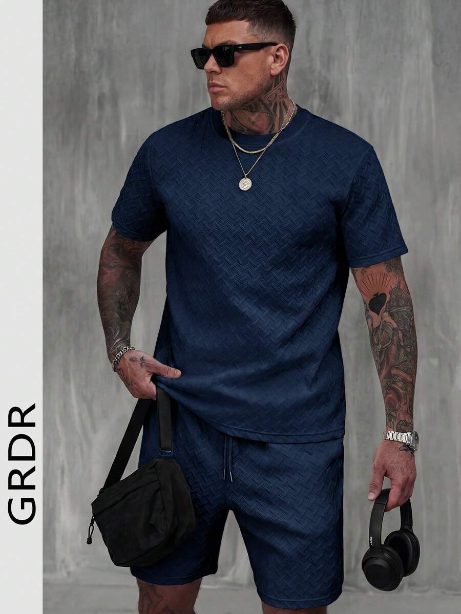 2pcs Men's Diamond Texture T-Shirt And Shorts Set, Casual Commuter Comfortable Minimalist - Navy Blue - View 1