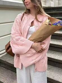 Happyevery 女款秋季休閒通勤百搭軟質紋理粗針織開襟外套，寬鬆慵懶圓領單排扣針織夾克 粉色 - 粉色 - 查看 4