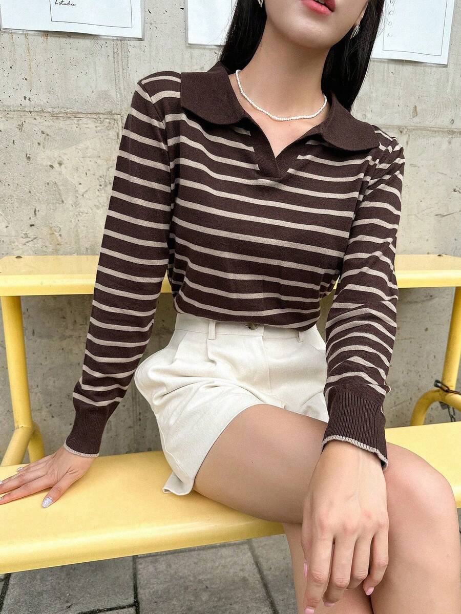 Striped Collared Sweater, Long-Sleeved Tops For Autumn - Whole Grain Coffee - View 1