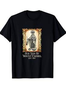 Camiseta gráfica con diseño de devoción mariana, camiseta de algodón de 180 g de peso pesado para hombres y mujeres, ropa de estilo vintage para procesiones, expresión de fe cotidiana, ropa - Negro - Ver 1