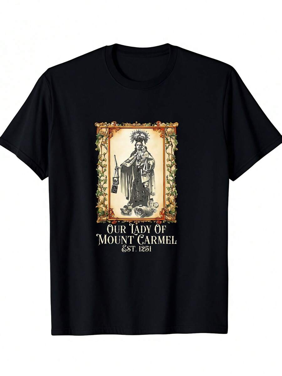 Camiseta gráfica con diseño de devoción mariana, camiseta de algodón de 180 g de peso pesado para hombres y mujeres, ropa de estilo vintage para procesiones, expresión de fe cotidiana, ropa - Negro - Ver 1