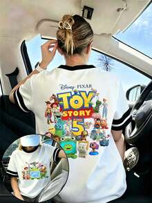 Disney 2026 New Fashion Patchwork Women's T-Shirt T"Toy Story 5" Whole Family Is Going Out Print T-Shirt, Everyday Versatile, Suitable For All Seasons - 黑+白 - 查看 1