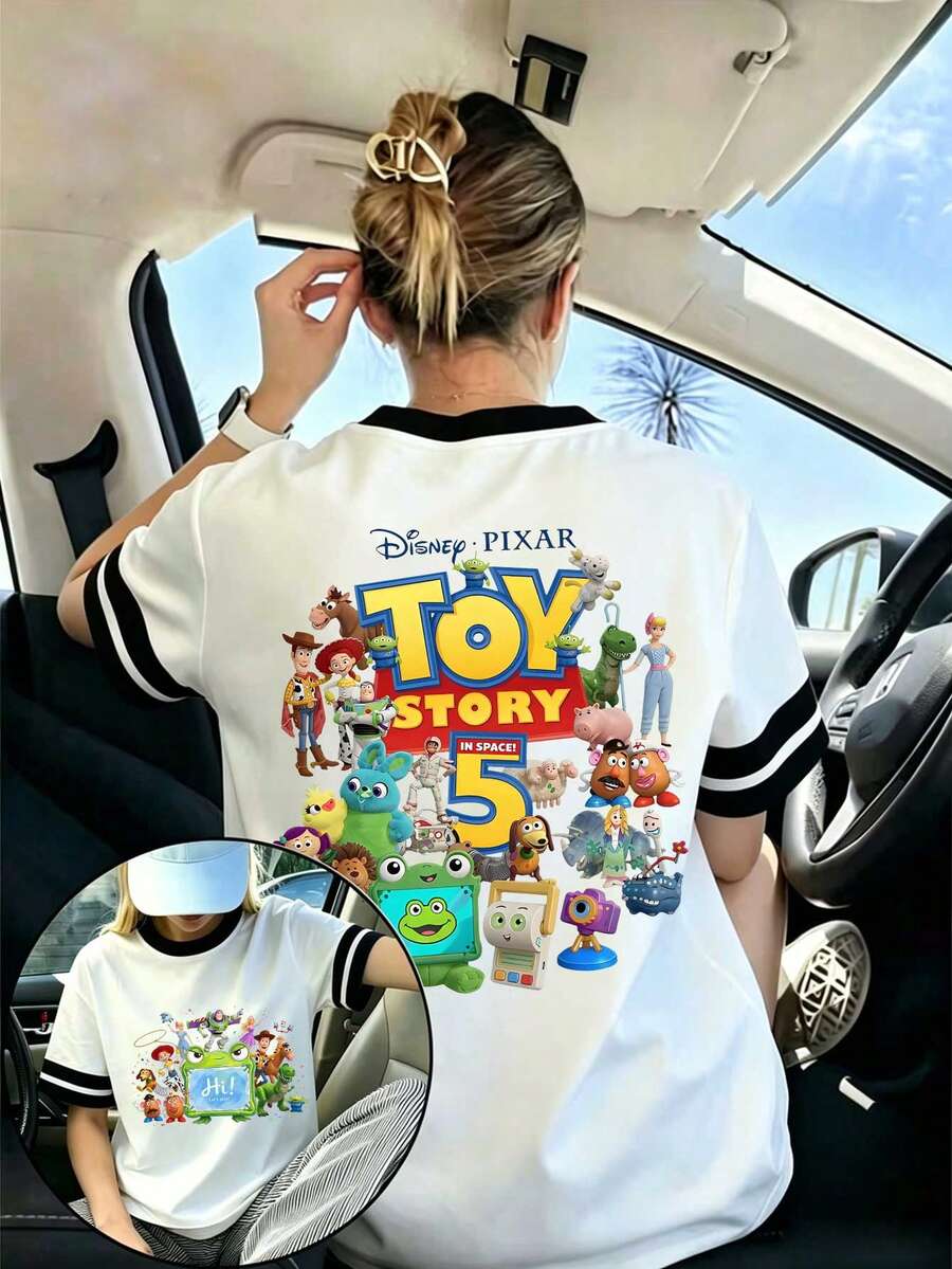 Disney 2026 New Fashion Patchwork Women's T-Shirt T"Toy Story 5" Whole Family Is Going Out Print T-Shirt, Everyday Versatile, Suitable For All Seasons - 黑+白 - 查看 1