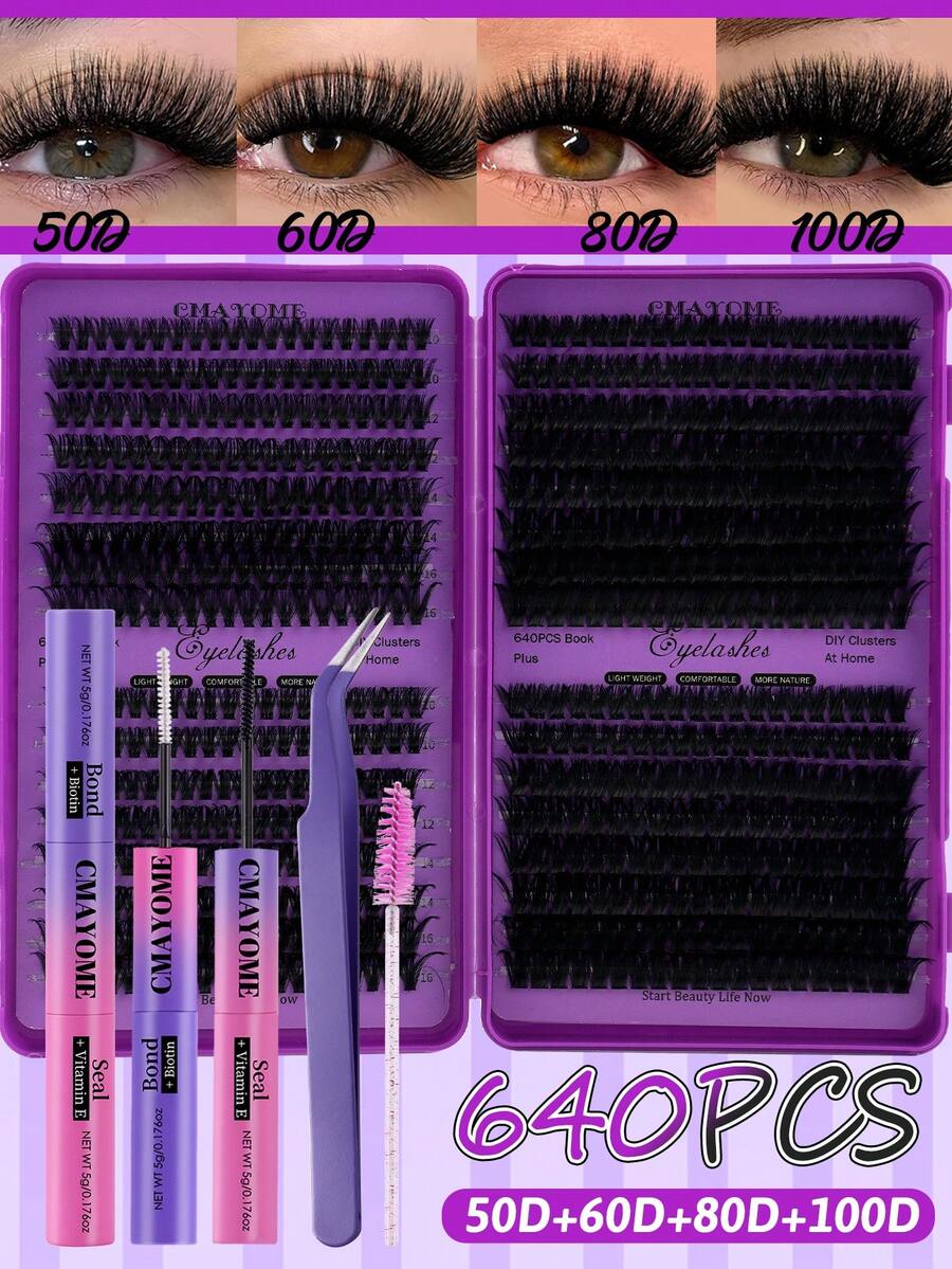 CMAYOME 640pcs Cluster Curl False Eyelashes, Create Thick And Fluffy Natural Eye Makeup Effect. Set Includes Glue, Tweezers And Eyelash Brush, Large Capacity Single Cluster Eyelash Container, DIY Fox Eye Makeup Segmented Eyelash Extension, Eye Makeup Set.