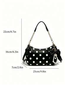 Black And White Polka Dot Shoulder Bag With Gold Chain, Bow And Pearl Pendant, Elegant Party And Bridal Clutch, Essential For Spring/Summer Brides And Formal Event Attendees, Perfect For Weddings, Dinners, Formal Events And Cocktail Parties - Black - View 4