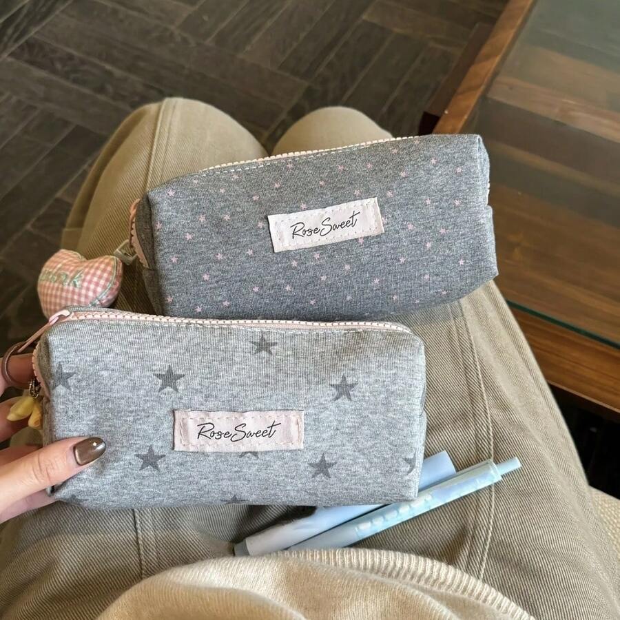 1pc Grey Pink Star High Beauty Pen Bag Large Capacity Student Stationery Pen Bag Stationery Storage Bag - Multicolor - View 1