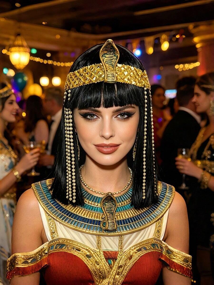 Ancient Egyptian Cleopatra Style Black Bob Wig With Straight Bangs, Mysterious Pharaoh Design, Halloween Party Cosplay Costume Headpiece