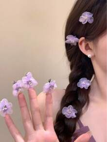 6/10pcs Women's Light Purple Glitter Floral Hair Clips, Multi-Functional Side Clips, Braid Side Clips Decoration, No Pulling Hair, Small Floral Design, Suitable For Dating, Outing, Photography, Gentle Fairy Tale Style, Sweet Korean Girl Braided Hair Styling Decoration - Purple - View 5