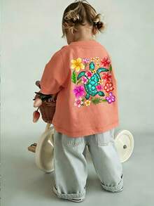 Soft And Breathable Round Neck Short Sleeve Casual T-Shirt For Little Girls, Suitable For Daily Wear And Vacation - Coral Orange - View 10