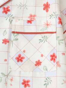 Conjunto de Pijama com Estampa Xadrez & Floral de Manga Curta e Shorts para Mulheres - Damasco - Visão 4