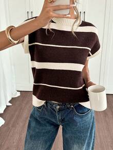 Women's Contrasting Color Striped Knit Blouse - Army Green - View 1