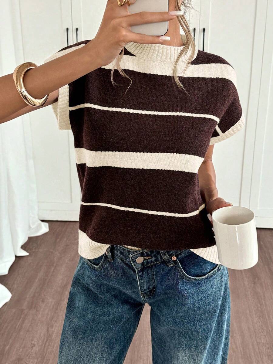 Women's Contrasting Color Striped Knit Blouse - Army Green - View 1