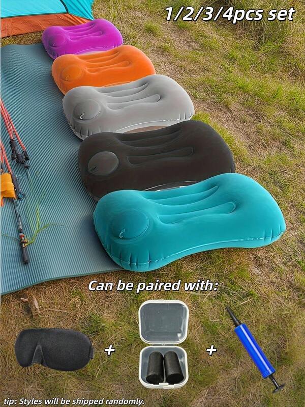 1/2/3/4pcs Set, Unisex Multi-Color Options, Press-To-Inflate, Waterproof & Comfortable, Portable Camping Pillow, Neck Support, Machine Washable, Hiking & Outdoor Gear, Camping & Travel Inflatable Pillow, Lightweight & Foldable, Comes With Eye Mask & Earplugs Set, Summer Holiday Essential