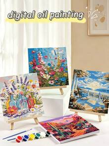 1 Set DIY Digital Oil Painting Kit, Includes Wooden Frame, Sunflower, Cherry Blossom, Snowy Mountain, Love Tree Patterns, Suitable For Adult Beginners, Can Be Used As Home Decor Wall Art - Multicolor - View 14