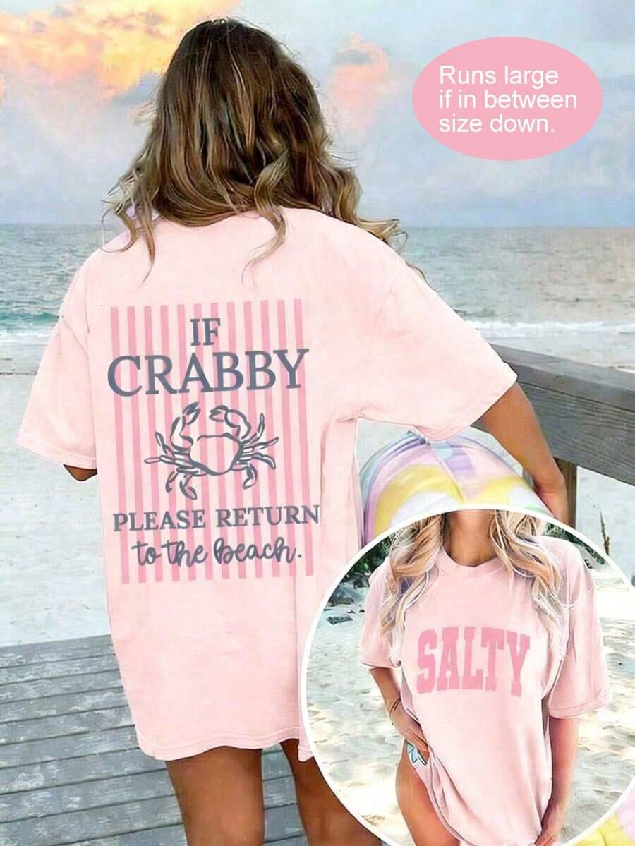 Women's If Crabby Please Return To The Beach Salty Graphic T-Shirt Double-Sided Print Oversized Casual Summer Tops Vacation Outfits Casual - 淺粉色 - 查看 1