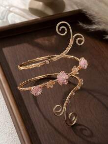 1pc Adjustable Open Gold Upper Arm Cuff With Pink Flower And Crystal Inlaid Floral Spiral Arm Ring, Suitable For Women's Wedding Beach Party Wear - Multicolor - View 2
