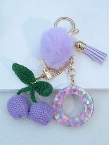1 buah Gantungan Kunci Huruf Inggris Resin Bermotif Langit Berbintang dengan Hiasan Rumbai dan Bola Bulu Hitam, Liontin Hati, Hadiah untuk Teman dan Ibu - Mauve Purple - View 34
