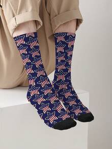 1 Pair 360° Printed Independence Day Theme Mid-Calf Socks, Red & Blue Star Pattern, Unisex - Multicolor - View 10