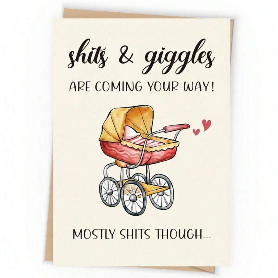 Funny Baby Stroller-Themed Greeting Card - A Humorous Card With "Poop, Pee, And Poop" Jokes For New Parents. A Playful Greeting Card For Welcoming The Baby. - View 1