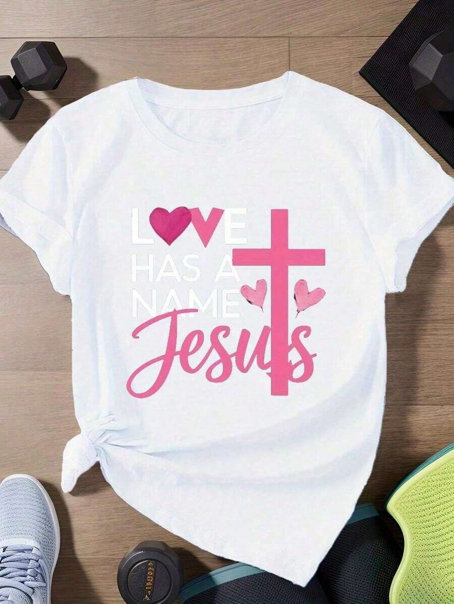 1 Pack Women's White T-Shirt With "Love Has The Name Jesus" Print And Cross Design - Loose Round Neck, Short Sleeve For Casual Summer Wear, Breathable Christian Clothing, Cami - 白色的 - 查看 1