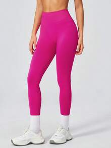 NcmRyu Women's 1pc Solid Color Wide Ribbed High Waist Tummy Control Butt Lifting Tight Fit Sports Leggings - Hot Pink - View 7