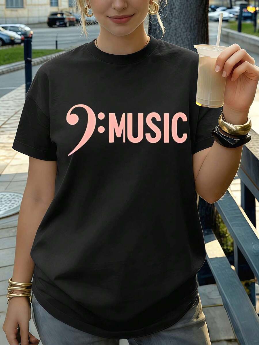 Camiseta negra de mujer con estampado musical, de algodón premium, estilo hip-hop urbano, cómoda, resistente y con un dise?o gráfico único. - Negro - Ver 1