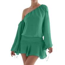 2026 Summer Spring New Fashion Sheer Off Shoulder Long Sleeve Ruffled Hem Dress High Street Style Elegant Dress - Green - View 6