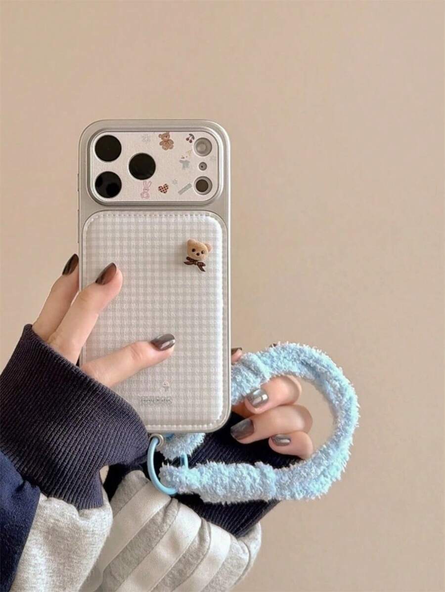 Minimalist Gentle Blue Plaid 3D Bear Phone Case Compatible With Apple 17 Pro Max, 15, 16 Pro, 13, 15 Pro, 17, 14, Full Coverage, Anti-Drop, Women's - Beige - View 1