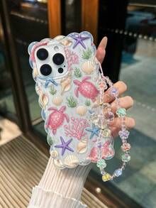 海星彩繪扭曲波浪邊透明手機殼附手鍊，平面印刷防摔時尚可愛，適用 17/17 Pro/17 Pro Max/16/16 Pro/16 Pro Max/16 Plus/14/15/XS/XR，10 款，新款防摔 78P/78GES2 印花，Max，相容 Apple P15 Pro Max/P14/P13/P12/P11，加厚軟殼全包創意手機殼 - 彩色 - 查看 2