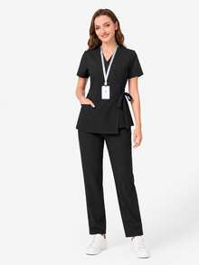 cimmuovere Top de blouse de travail à col en V et manches courtes avec deux poches pour femmes grandes tailles. Blouse de travail pour infirmière, dentiste, soins de santé, hôpital vétérinaire, laboratoire. Convient pour l'automne et le printemps. - Noir - Voir 3
