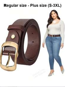 1pc Plus Size Women's Solid Color Minimalist Gold Buckle PU Leather Belt, Suitable For Various Pants - Coffee - View 1