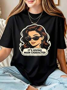 Main Character Retro Pop Art Tee, Vintage Sunglasses Female Portrait Shirt - 黑色 - 查看 1