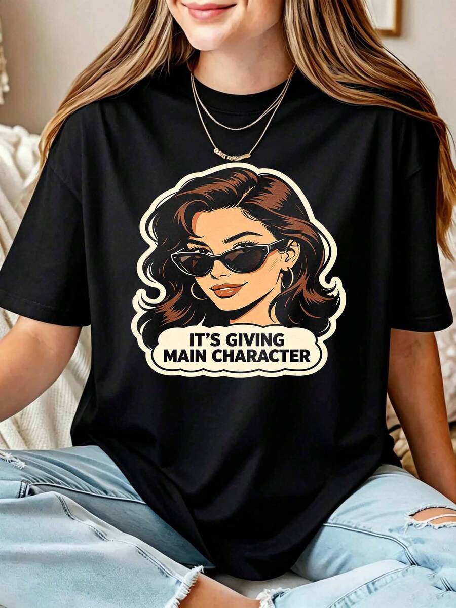 Main Character Retro Pop Art Tee, Vintage Sunglasses Female Portrait Shirt - 黑色 - 查看 1