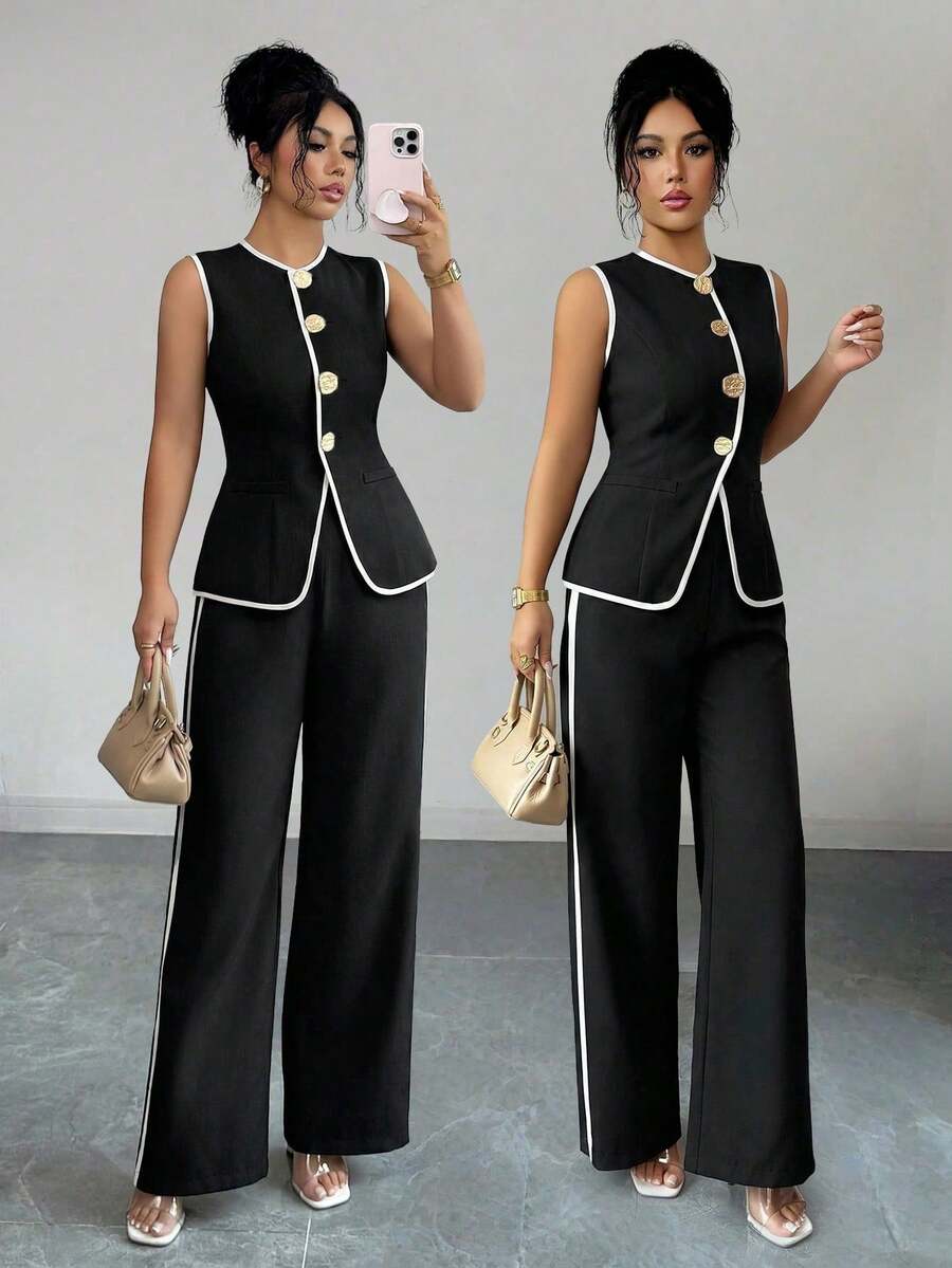 Conjunto de 2 piezas elegante estilo francés con botón con diseño de flor para tiempo libre/commuter para mujer - Blanco y Negro - Ver 1