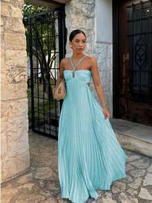 Women's Pleated Halter Neck Maxi Dress, Crisscross Straps Cutout Waist Evening Gown - 淺藍色 - 查看 3