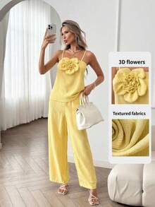 Conjunto de 2 piezas de camiseta sin mangas y pantalones en color amarillo crema para mujer, con decoración floral 3D, adecuado para vacacione - Amarillo claro - Ver 3