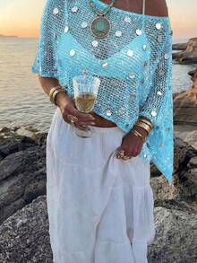 Top de punto de verano para mujer, estilo casual, color verde oscuro liso, hombros holgados, estilo bohemio, adecuado para playa y vacaciones - Azul 3 - Ver 1