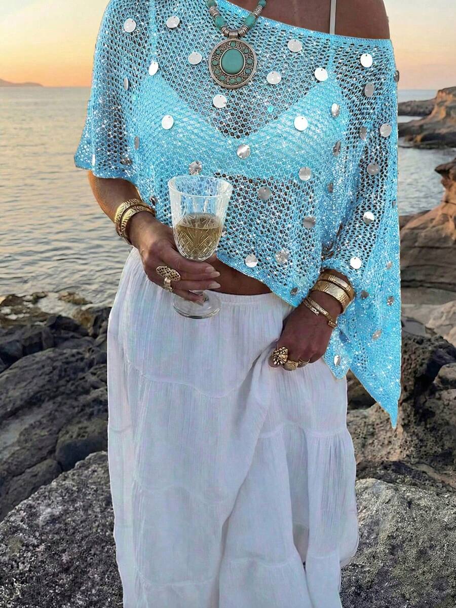 Top de punto de verano para mujer, estilo casual, color verde oscuro liso, hombros holgados, estilo bohemio, adecuado para playa y vacaciones - Azul 3 - Ver 1