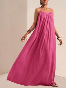 Vestido largo verde para mujer, con tirantes finos y escote cuadrado, estilo holgado casual - Rosa - Ver 8
