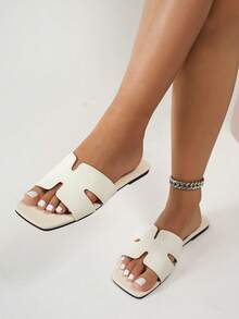 MICCOM Fashionable Women's Flat Square Toe Open Toe Slippers, New Spring/Summer Versatile Sandals - Beige - View 4