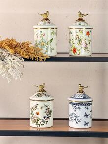 1 Set Luxury Enamel Storage Jars With Lids, Household & Office Tea/Coffee Canister, Ceramic Storage Jars, Gift For Elders And Relatives - Flowers and Birds - View 11